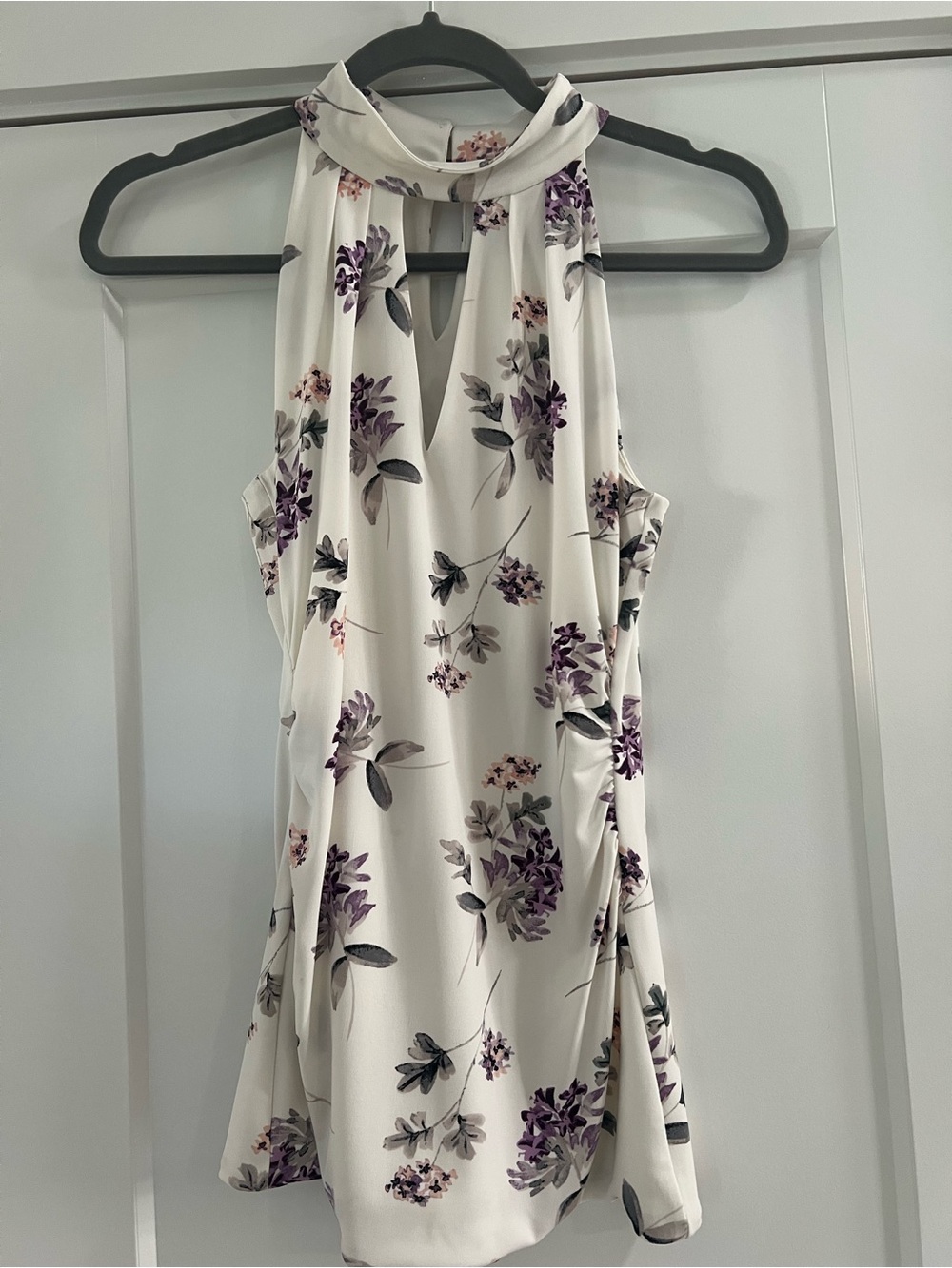 White House Black Market White Floral Halter Tank Top with Purple Accents